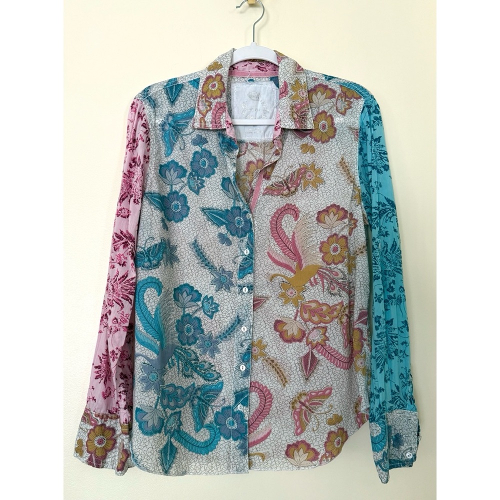 CINO 100% Cotton Boho Button Up Top Floral Peacock Butterfly Long Sleeve Sz Med